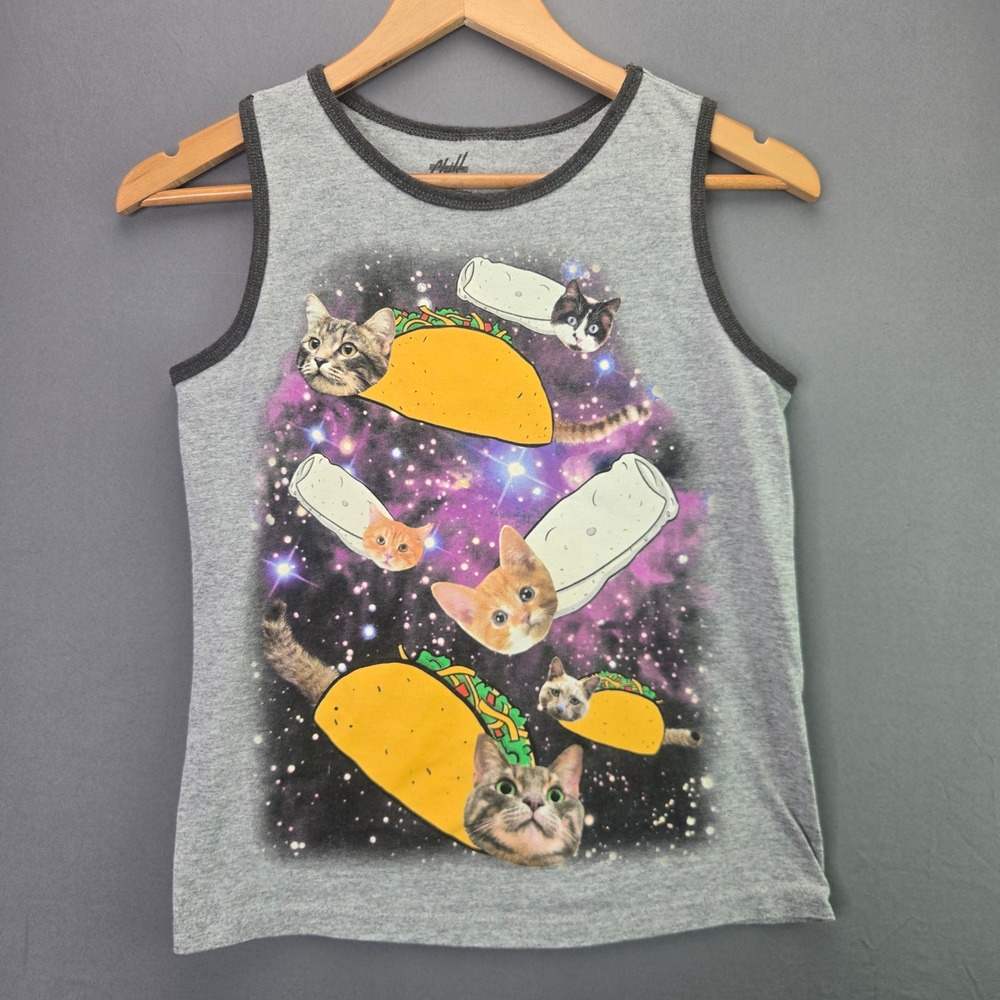 Chill Tank Top Space Cats Tacos Burritos Large Gray Sleeveless Graphic Ringer L